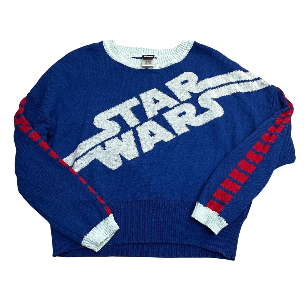 Star Wars Sweater Womens Large Blue Logo Stripe‎ Crewneck Pullover Long Sleeve